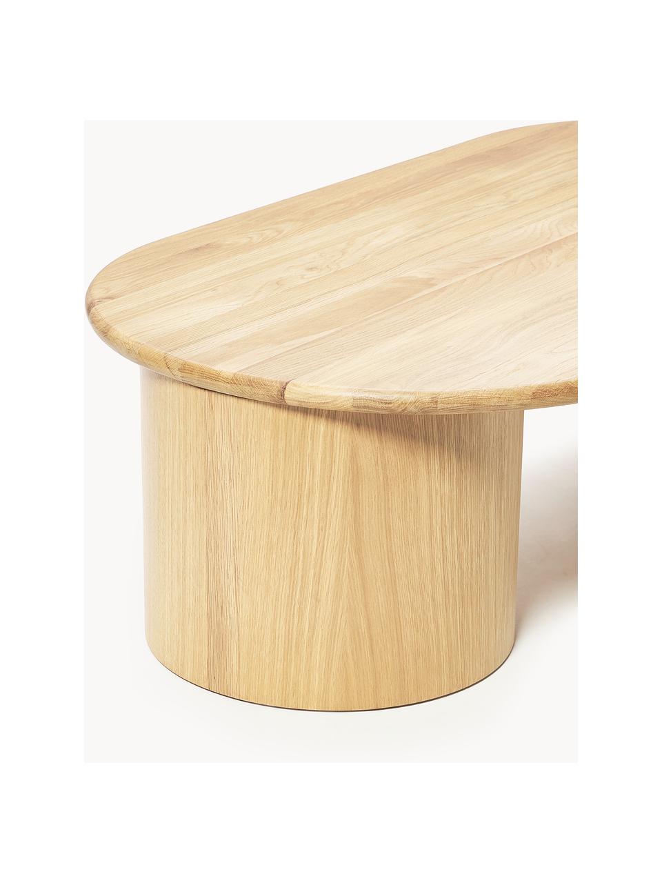 Mesa de centro ovalada de madera de roble Didi, Madera de roble maciza barnizada

Este producto está hecho de madera de origen sostenible y con certificación FSC®., Madera de roble barnizada, An 140 x F 70 cm