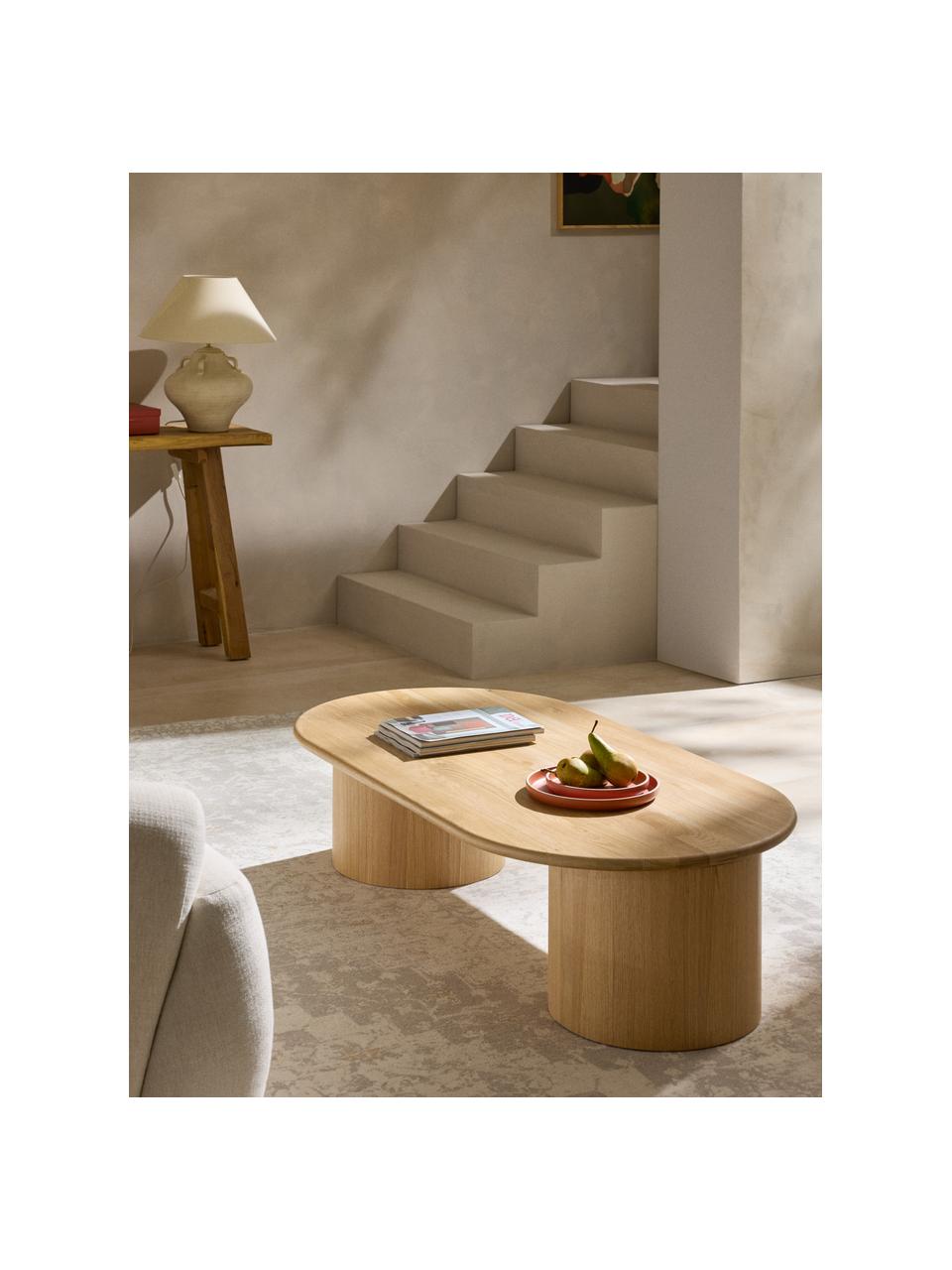 Mesa de centro ovalada de madera de roble Didi, Madera de roble maciza barnizada

Este producto está hecho de madera de origen sostenible y con certificación FSC®., Madera de roble barnizada, An 140 x F 70 cm