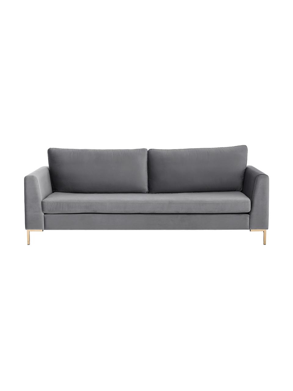 Samt-Sofa Luna (3-Sitzer) in Dunkelgrau mit Metall-Füßen, Bezug: Samt (Polyester) Der hoch, Gestell: Massives Buchenholz, Füße: Metall, galvanisiert, Samt Dunkelgrau, Gold, B 230 x T 95 cm