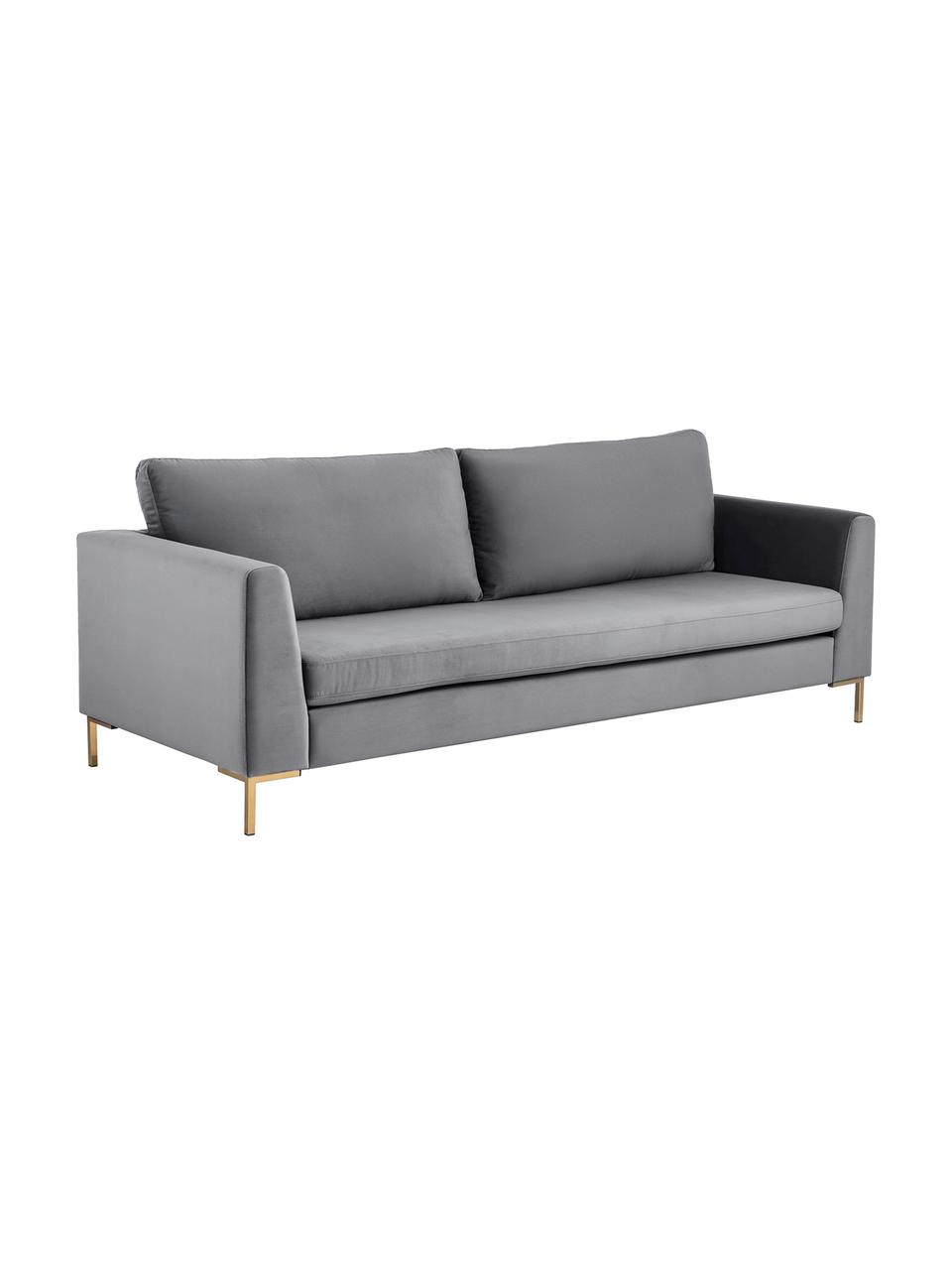 Samt-Sofa Luna (3-Sitzer) in Dunkelgrau mit Metall-Füßen, Bezug: Samt (Polyester) Der hoch, Gestell: Massives Buchenholz, Füße: Metall, galvanisiert, Samt Dunkelgrau, Gold, B 230 x T 95 cm