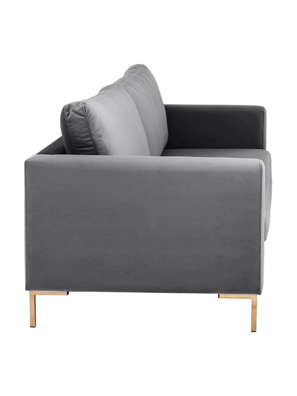 Sofa z aksamitu z metalowymi nogami Luna (3-osobowa), Tapicerka: aksamit (poliester) Dzięk, Nogi: metal galwanizowany, Ciemnoszary aksamit, złoty, S 230 x G 95 cm