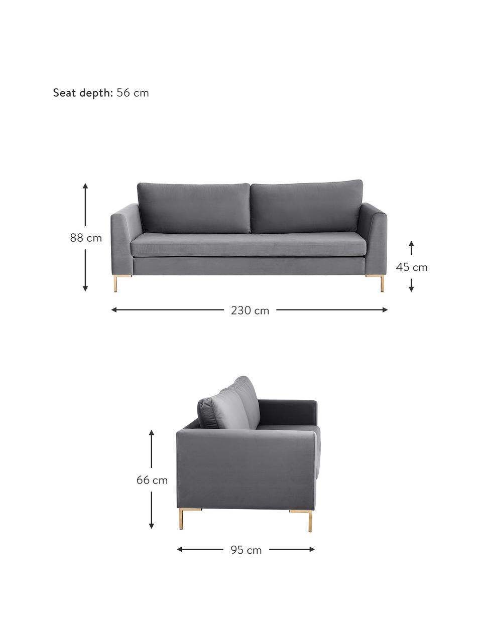 Divano 3 posti in velluto grigio scuro Luna, Rivestimento: velluto (poliestere) Con , Struttura: legno di faggio massiccio, Piedini: metallo zincato, Velluto grigio scuro, oro, Larg. 230 x Prof. 95 cm