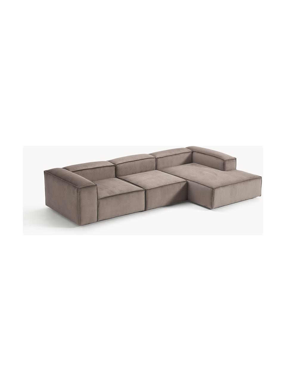 Modulares Ecksofa Lennon aus Cord, Bezug: Cord (92 % Polyester, 8 %, Gestell: Massives Kiefernholz, Spe, Füße: Kunststoff Dieses Produkt, Cord Taupe, B 327 x T 180 cm, Eckteil rechts