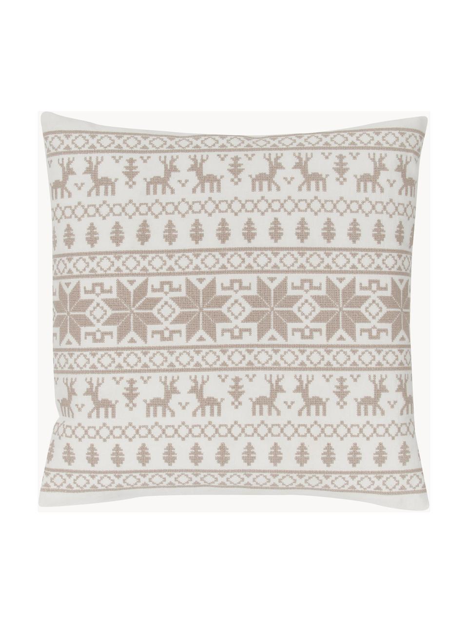 Bestickte Kissenhülle Orkney mit norwegischer Ziernaht, 100 % Baumwolle, Beige, Cremeweiß, B 45 x L 45 cm