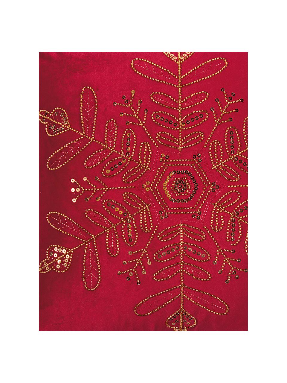 Samt-Kissenhülle Sparkle mit besticktem Perlen-Motiv, Polyestersamt, Rot, Goldfarben, 45 x 45 cm