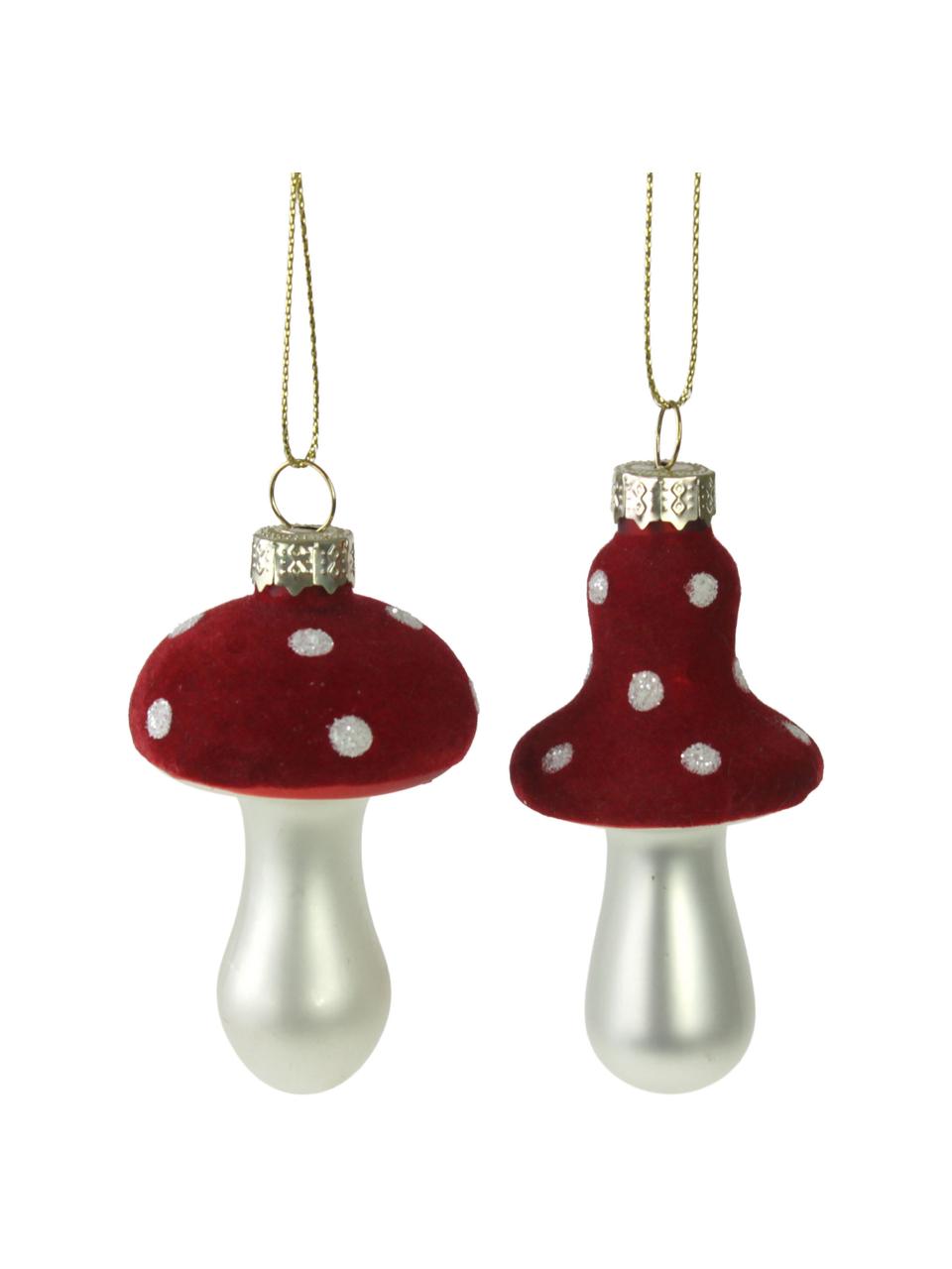 Adornos navideños Mushrooms, 2 uds., Rojo, blanco perla, Set de diferentes tamaños