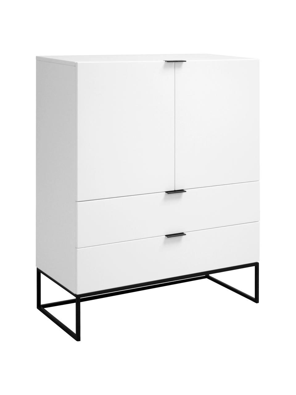 Credenza alta bianca Kobe, Struttura e maniglie: acciaio verniciato opaco, Corpo: bianco opaco Struttura e maniglie: nero opaco, Larg. 100 x Alt. 120 cm