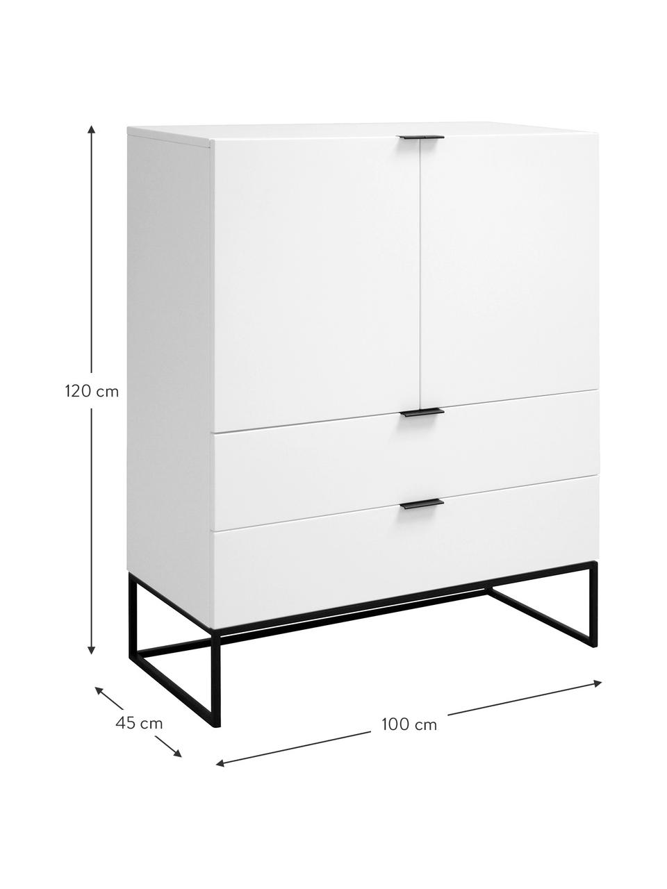 Credenza alta bianca Kobe, Struttura e maniglie: acciaio verniciato opaco, Corpo: bianco opaco Struttura e maniglie: nero opaco, Larg. 100 x Alt. 120 cm