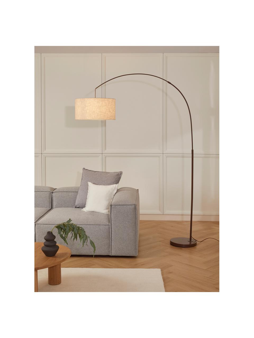 Grote booglamp Niels, Lampvoet: gepoedercoat metaal, Lampenkap: linnen, Beige, donkerbruin, H 218 cm