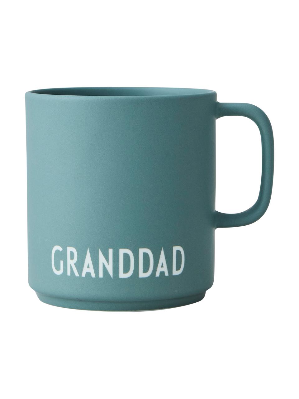 Design koffiemok Favourite GRANDDAD/LOVE met verschillend opschrift aan de voor- en achterzijde, Beenderporselein (porselein)
Fine Bone China is een zacht porselein, dat zich vooral onderscheidt door zijn briljante, doorschijnende glans., Mat jadegroen, wit, Ø 10 x 9 cm