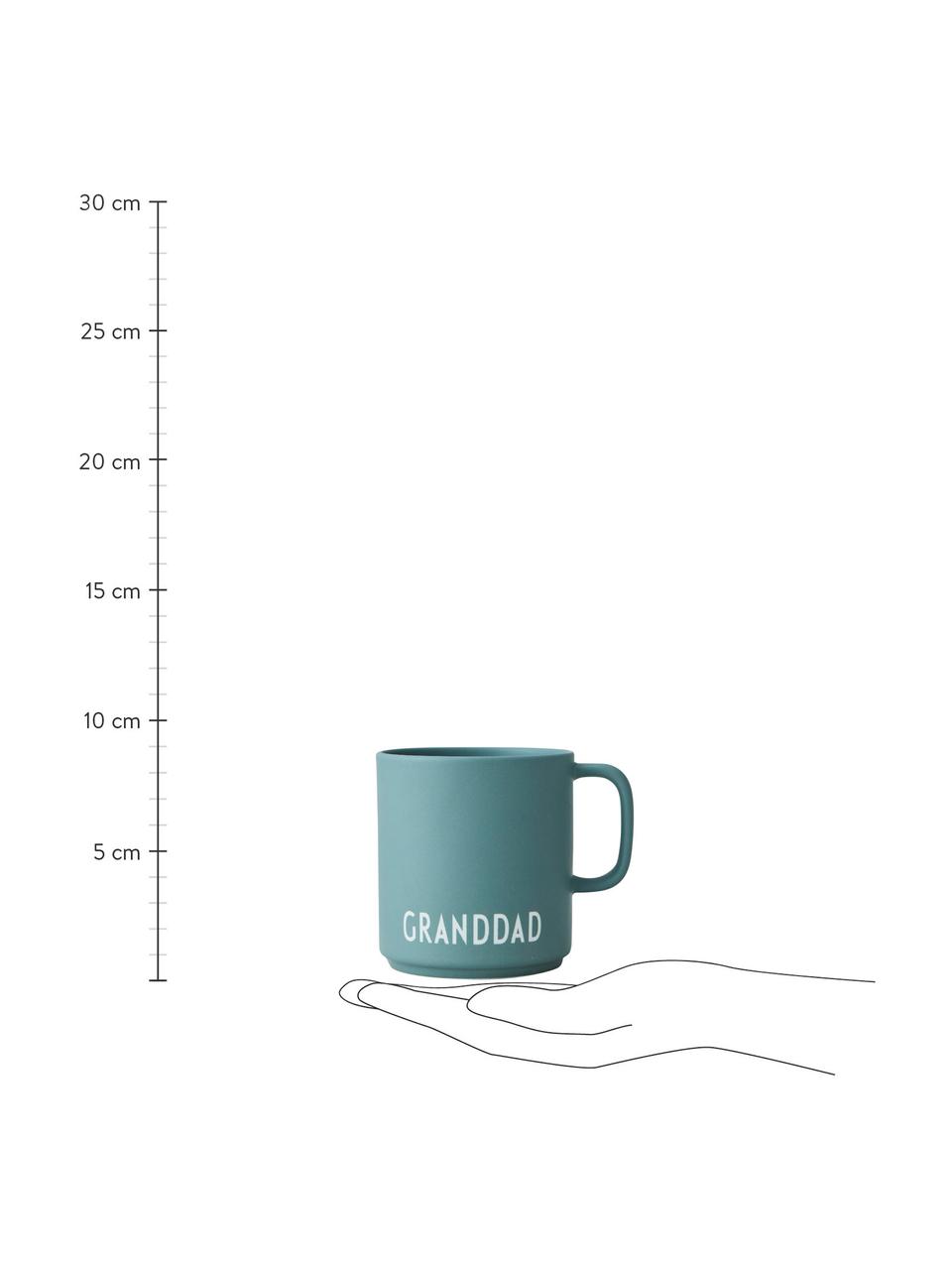 Design Kaffeetasse Favourite GRANDDAD/LOVE mit unterschiedlichen Schriftzug auf Vorder- & Rückseite, Fine Bone China (Porzellan)
Fine Bone China ist ein Weichporzellan, das sich besonders durch seinen strahlenden, durchscheinenden Glanz auszeichnet., Jadegrün, matt, Weiß, Ø 10 x 9 cm