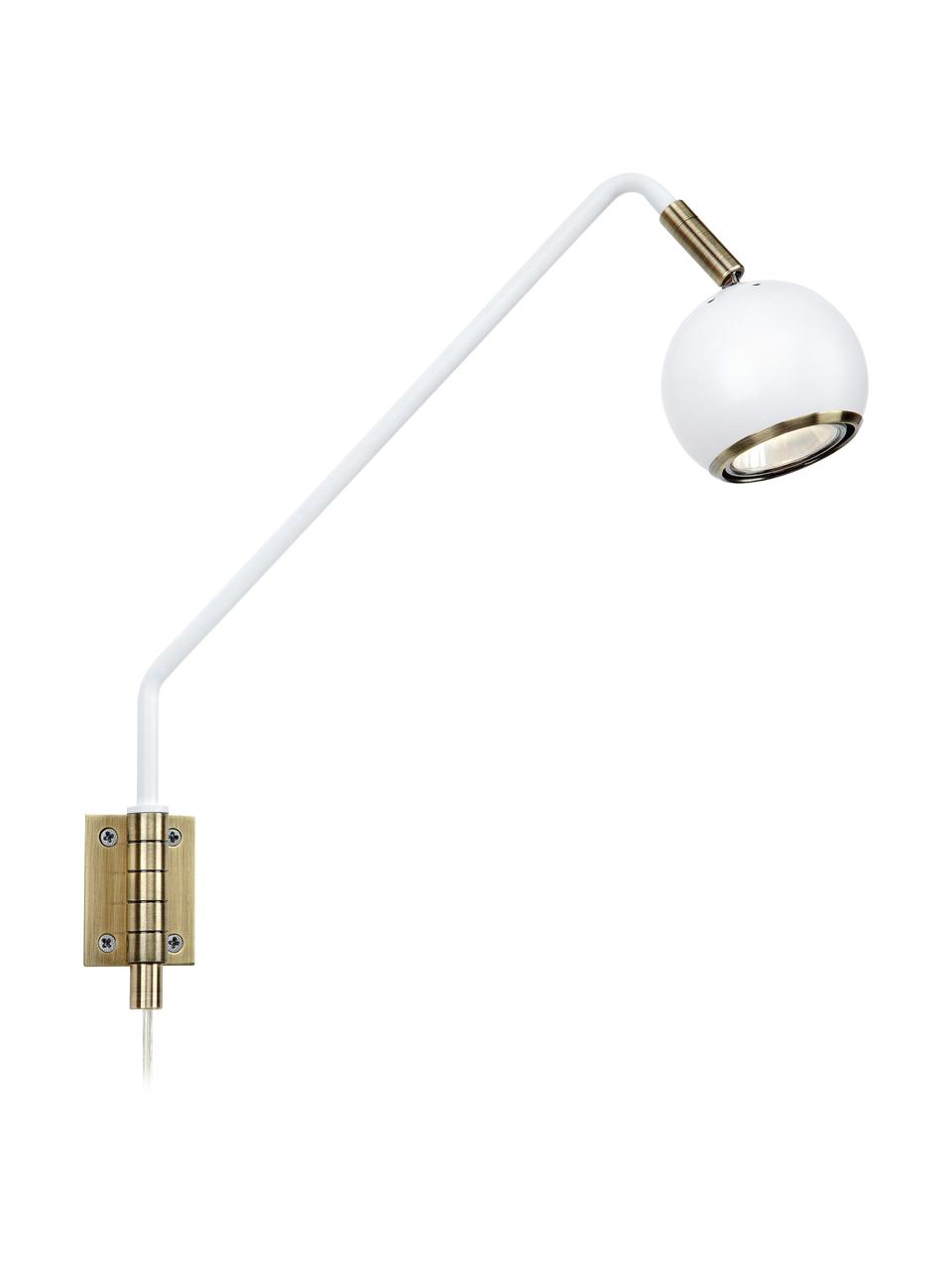 Verstelbare wandlamp Coco met stekker, Lampenkap: gecoat metaal, Frame: gecoat metaal, Decoratie: geborsteld metaal, Wit, goudkleurig, D 33 x H 33 cm