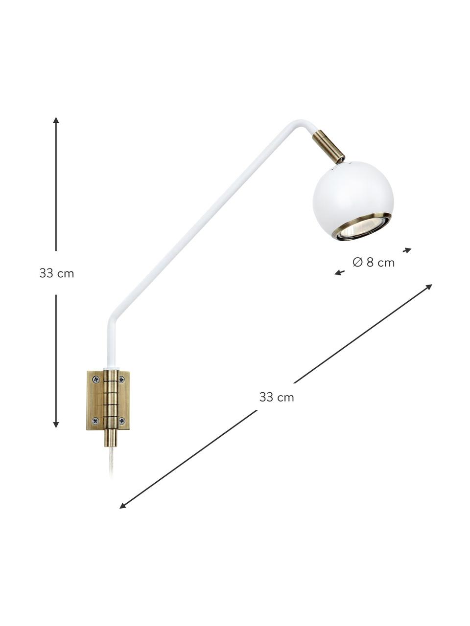 Verstelbare wandlamp Coco met stekker, Lampenkap: gecoat metaal, Frame: gecoat metaal, Decoratie: geborsteld metaal, Wit, goudkleurig, D 33 x H 33 cm