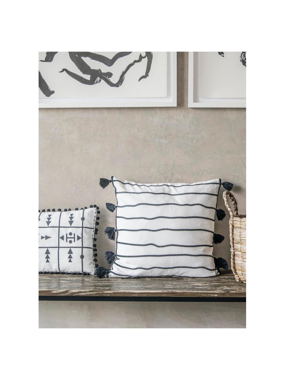 Kissenhülle Blanket mit Quasten, Baumwolle, Schwarz, Weiss, 50 x 50 cm