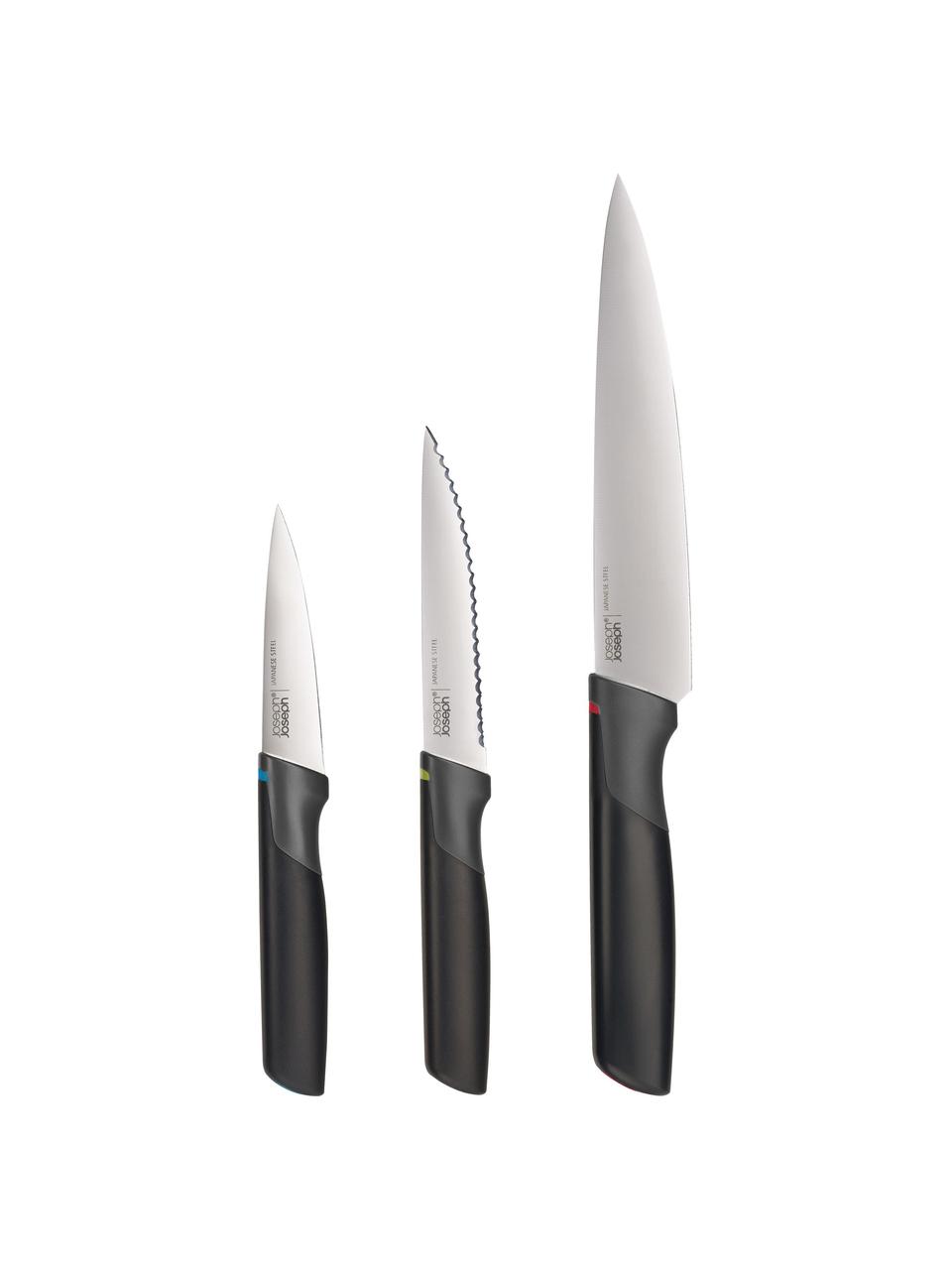 Set de cuchillos Elevate, 3 uds., Acero inoxidable, Negro, plateado, Set de diferentes tamaños