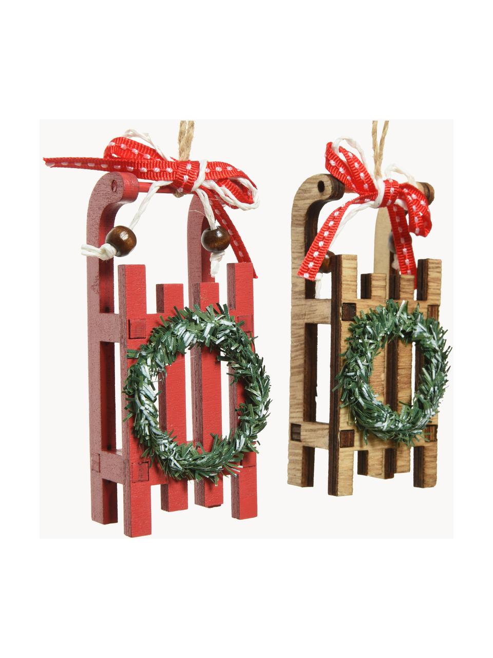Décorations à suspendre Sleds, haut. 10 cm, 2 élém., Contreplaqué, Beige, rouge, vert, larg. 4 x haut. 10 cm