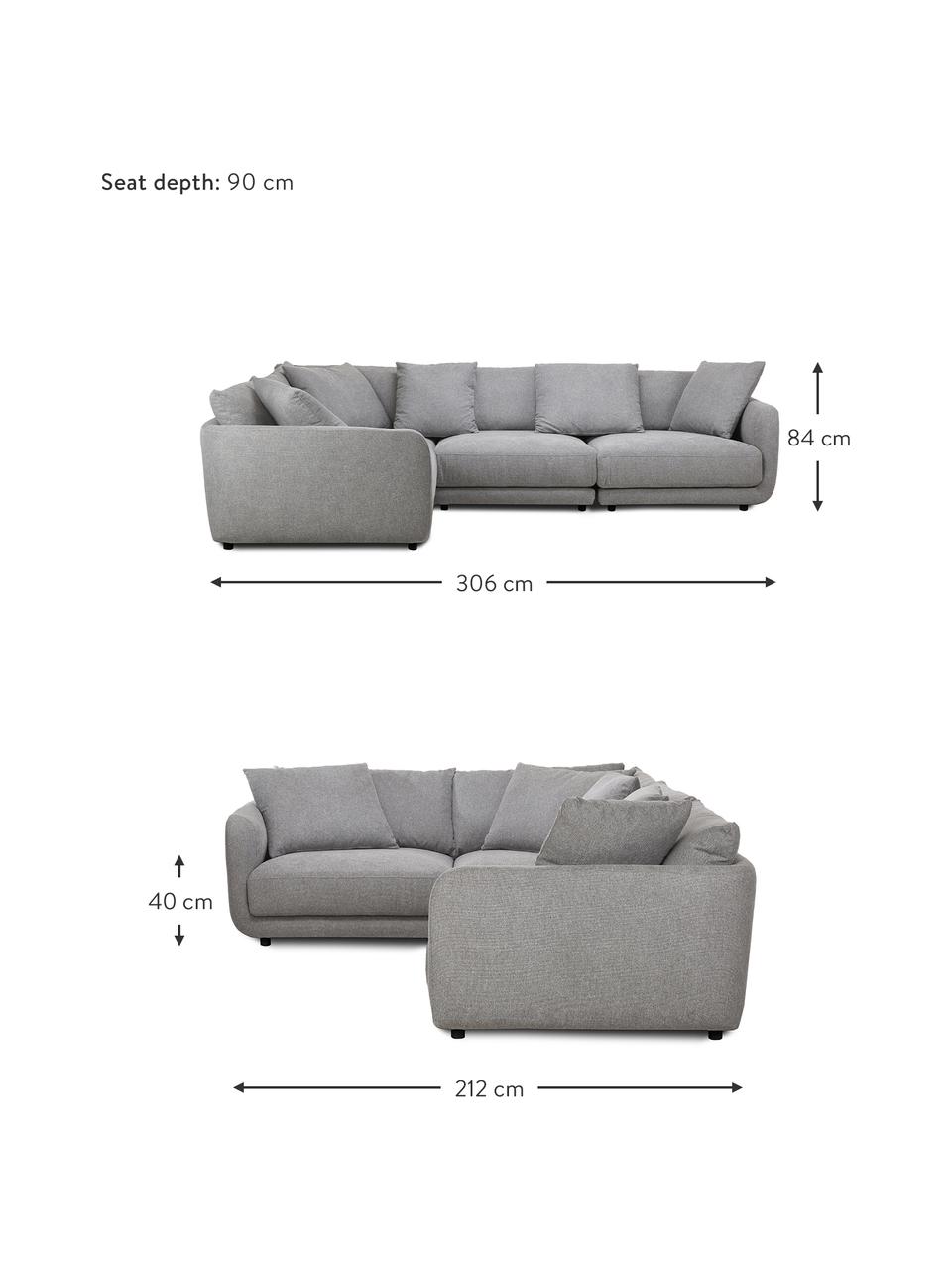 Modulares Ecksofa Jasmin, Bezug: 85% Polyester, 15% Nylon , Gestell: Massives Fichtenholz FSC-, Füße: Kunststoff, Webstoff Grau, B 306 x H 84 cm