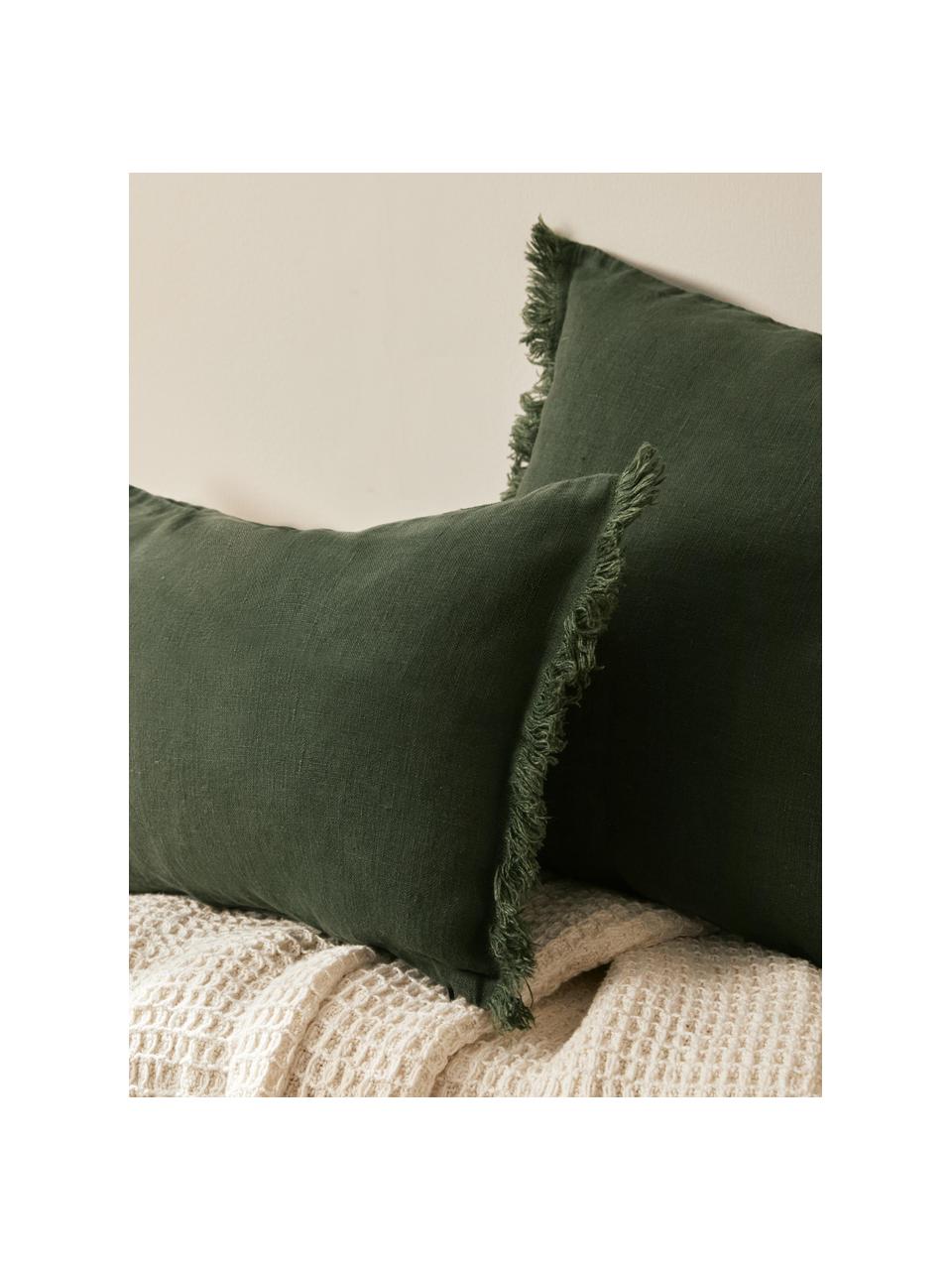 Housse de coussin pur lin avec franges Luana, 100 % pur lin

Le lin est naturellement doté d'un toucher plutôt rugueux et d'un aspect froissé
Sa résistance élevée au accrocs lui confère robustesse et longévité, Vert foncé, larg. 30 x long. 50 cm