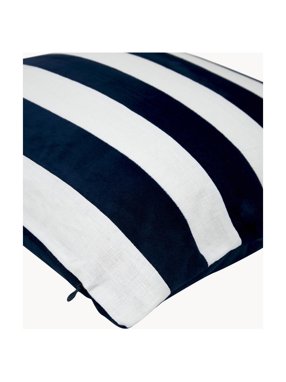 Poszewka na poduszkę z aksamitu i lnu Maui, Ciemny niebieski, biały, S 45 x D 45 cm