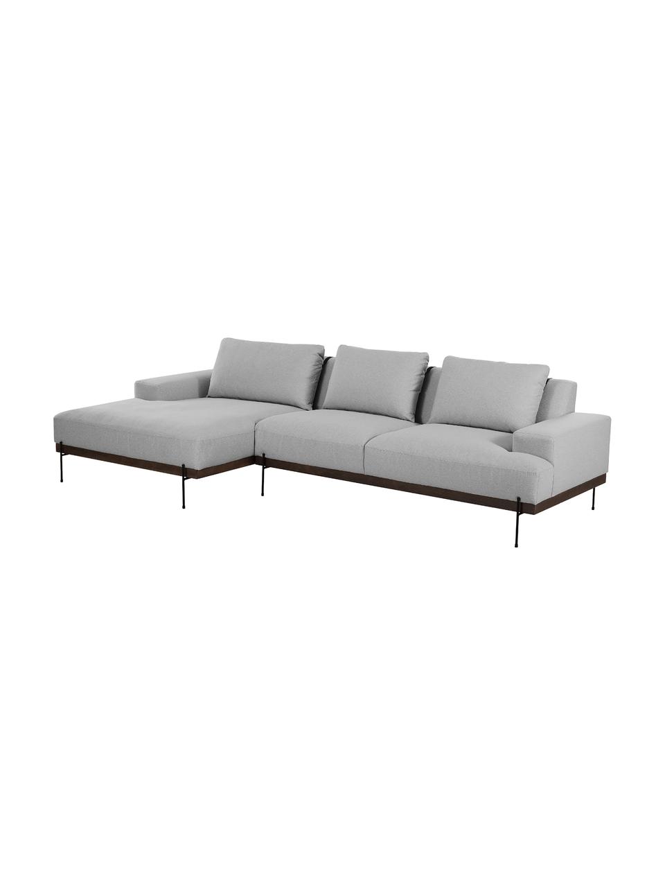 Divano angolare con piedini in metallo Brooks, Rivestimento: poliestere Il rivestiment, Struttura: legno di pino massiccio, Piedini: metallo verniciato a polv, Tessuto grigio, Larg. 315 x Prof. 148 cm, chaise-longue a sinistra