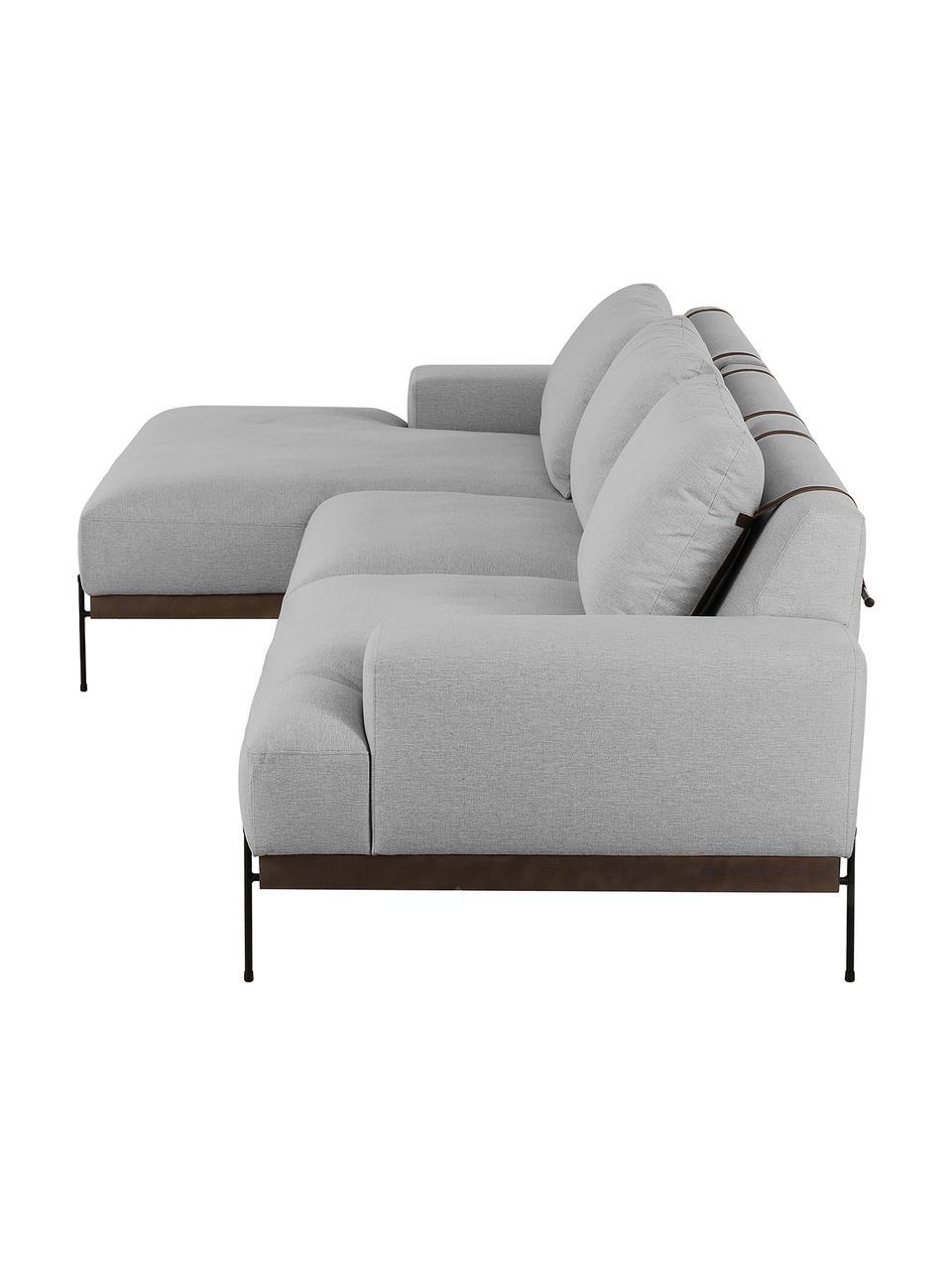 Divano angolare con piedini in metallo Brooks, Rivestimento: poliestere Il rivestiment, Struttura: legno di pino massiccio, Piedini: metallo verniciato a polv, Tessuto grigio, Larg. 315 x Prof. 148 cm, chaise-longue a sinistra