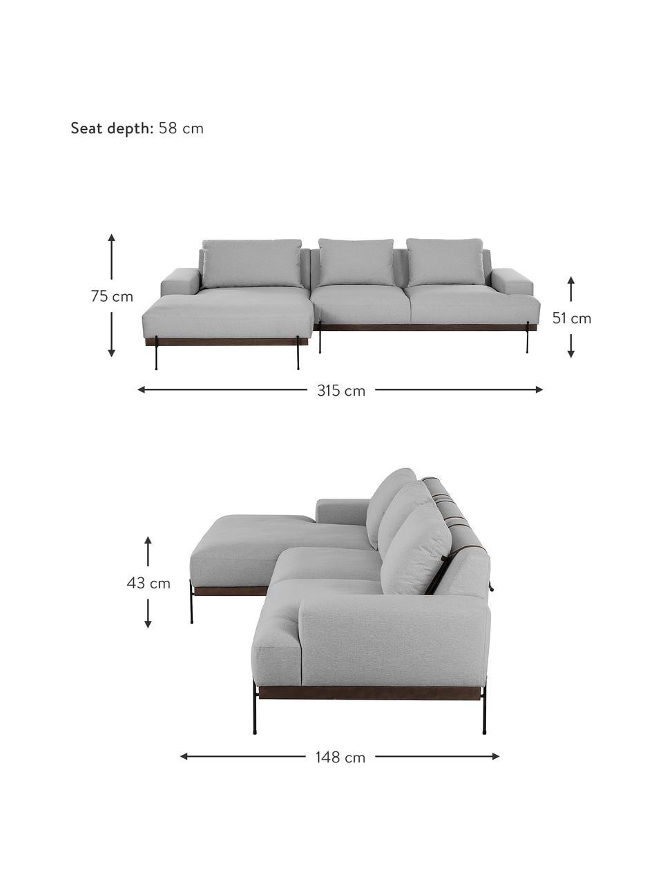 Hoekbank Brooks met metalen poten, Bekleding: polyester De bekleding is, Frame: massief grenenhout, FSC-g, Lijst: gelakt grenenhout, FSC-ge, Poten: gepoedercoat metaal, Geweven stof grijs, B 315 x D 148 cm, hoekdeel links