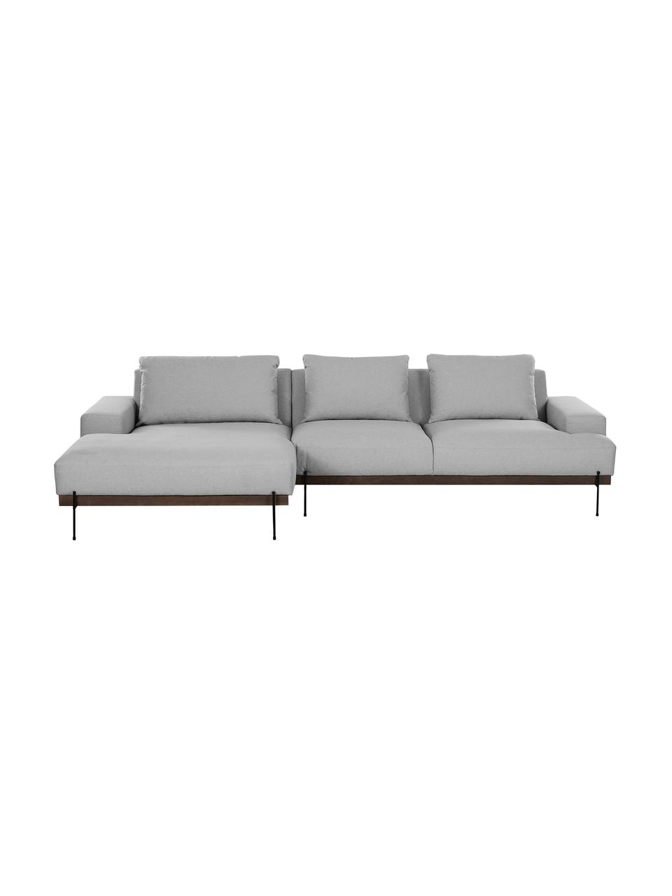 Hoekbank Brooks met metalen poten, Bekleding: polyester De bekleding is, Frame: massief grenenhout, FSC-g, Lijst: gelakt grenenhout, FSC-ge, Poten: gepoedercoat metaal, Geweven stof grijs, B 315 x D 148 cm, hoekdeel links
