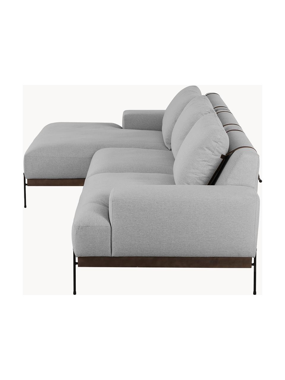 Sofa narożna z metalowymi nogami Brooks, Tapicerka: poliester Tapicerka nie j, Stelaż: lite drewno sosnowe, Nogi: metal malowany proszkowo, Szara tkanina, S 315 x G 148 cm, lewostronna