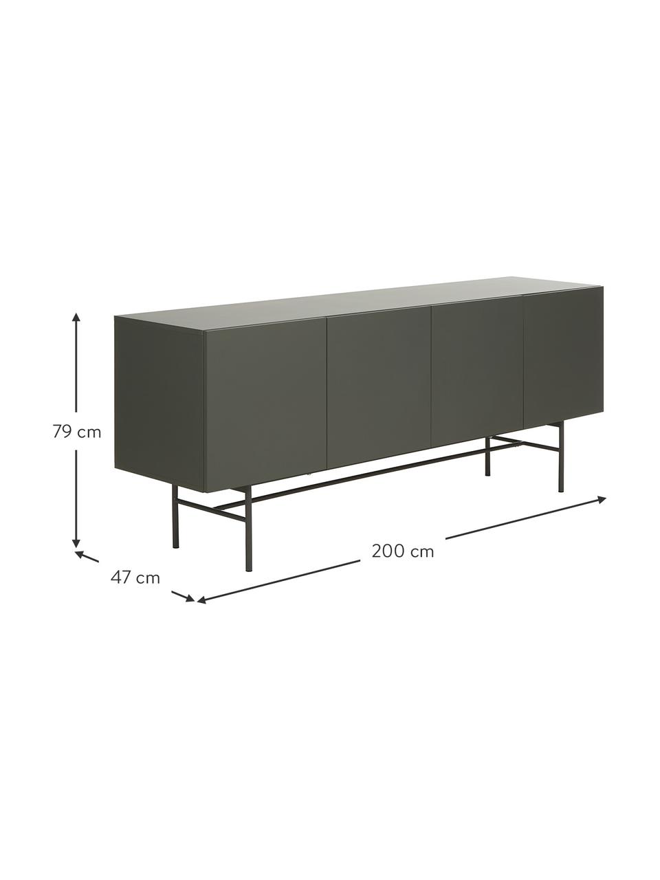 Modern dressoir Anders met 4 deuren in grijs, Frame: gelakt MDF, Poten: gepoedercoat metaal, Grijs, 200 x 79 cm