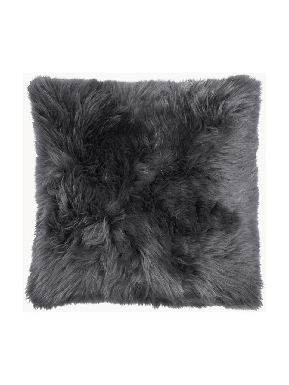 Poszewka na poduszkę ze skóry owczej Oslo, proste włosie, Ciemny szary, S 40 x D 40 cm