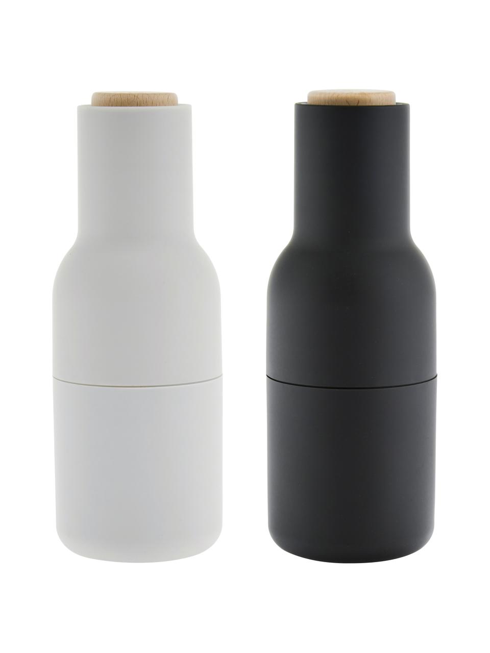 Súprava mlynčekov na soľ a korenie s drevenými vrchnákmi Bottle Grinder, 2 diely, Antracitová, biela, bukové drevo, Ø 8 x V 21 cm