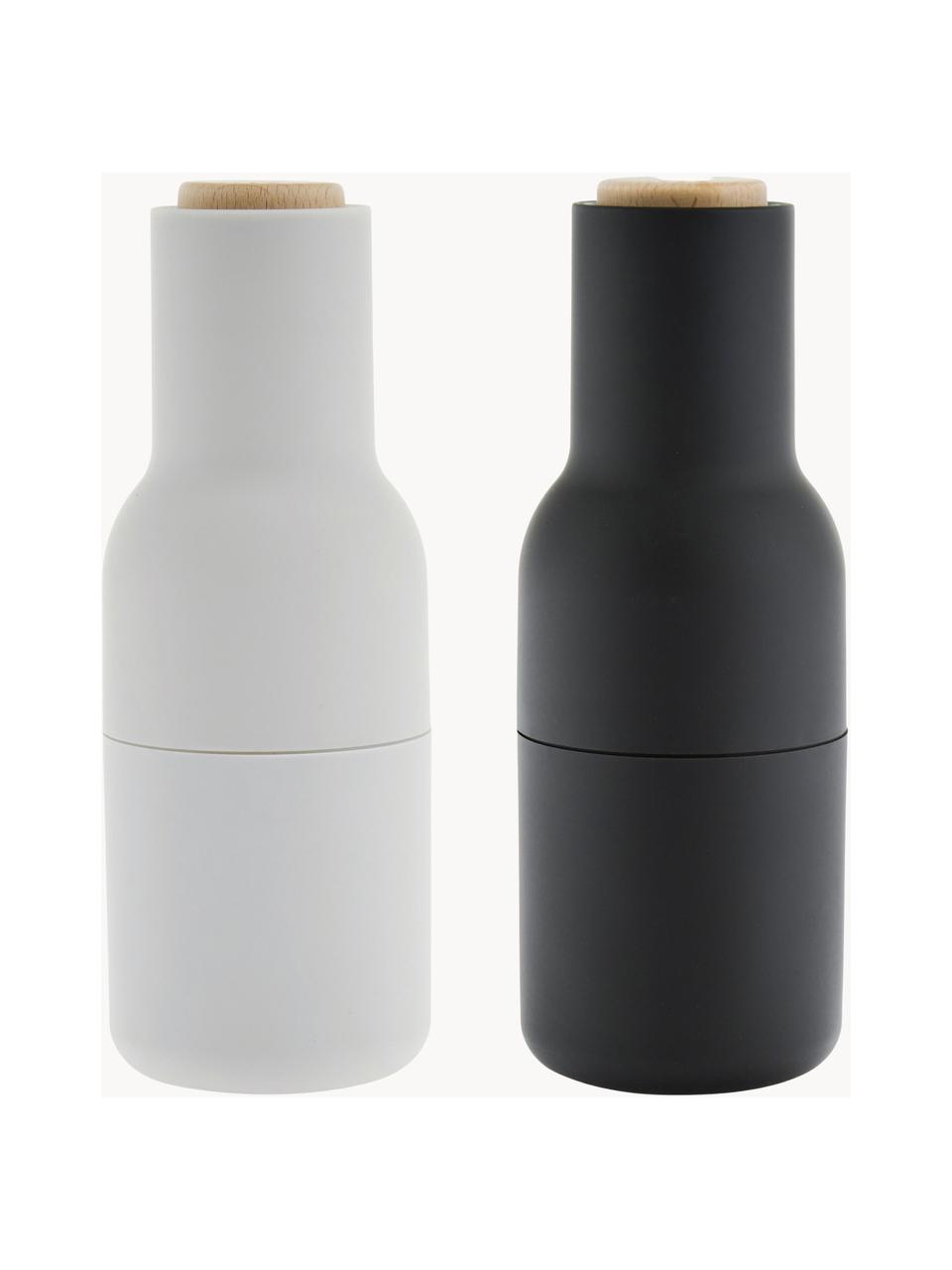 Salero y pimentero de diseño Bottle Grinder, 2 uds., Estructura: plástico, Grinder: cerámica, Gris antracita, blanco, madera, Ø 8 x Al 21 cm