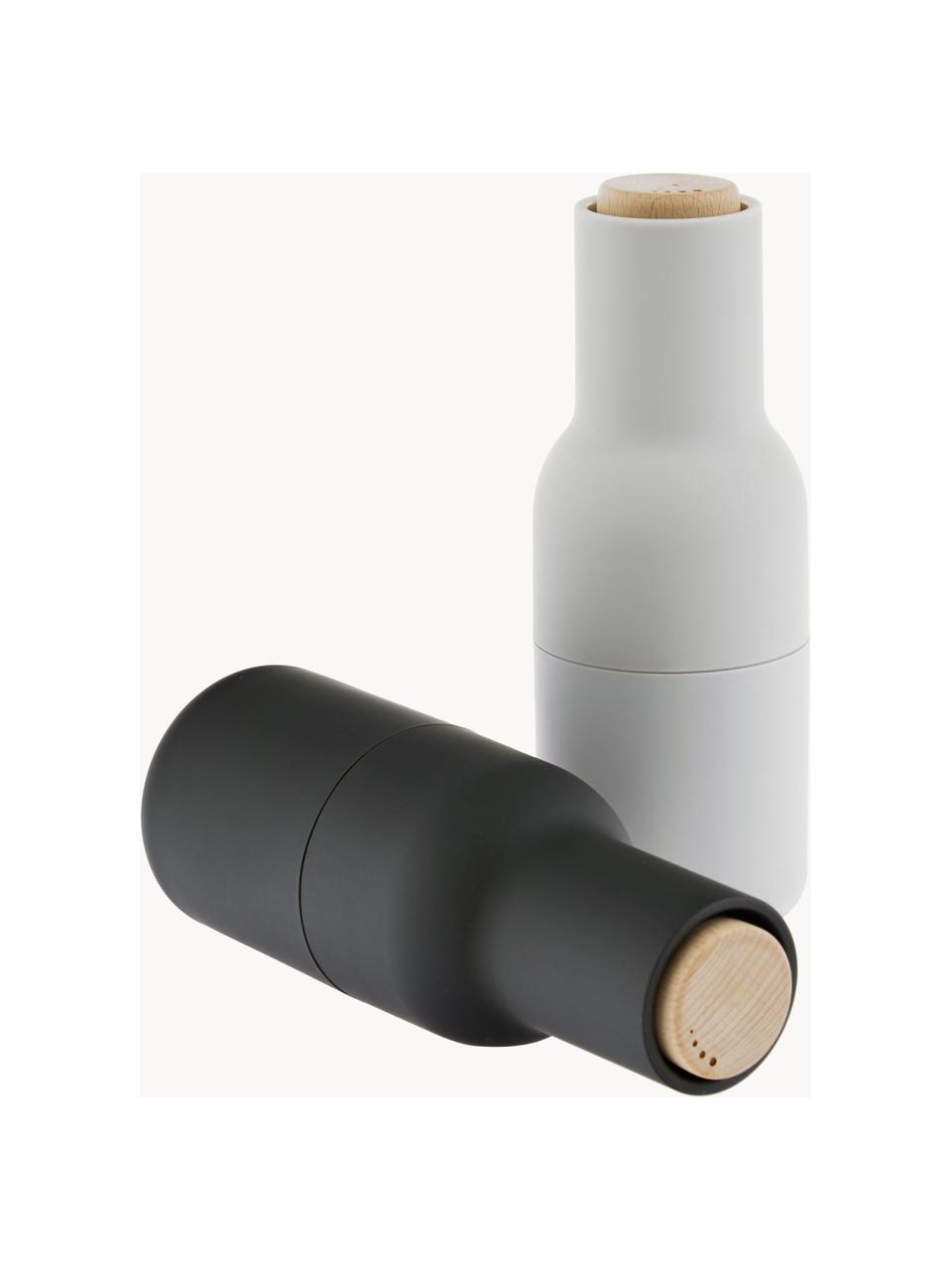 Salero y pimentero de diseño Bottle Grinder, 2 uds., Estructura: plástico, Grinder: cerámica, Gris antracita, blanco, madera, Ø 8 x Al 21 cm