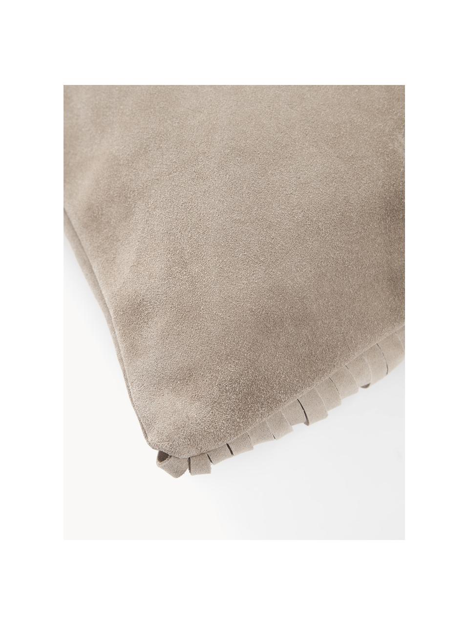 Housse de coussin en cuir avec franges Amaia, 100 % cuir, Beige, larg. 30 x long. 50 cm