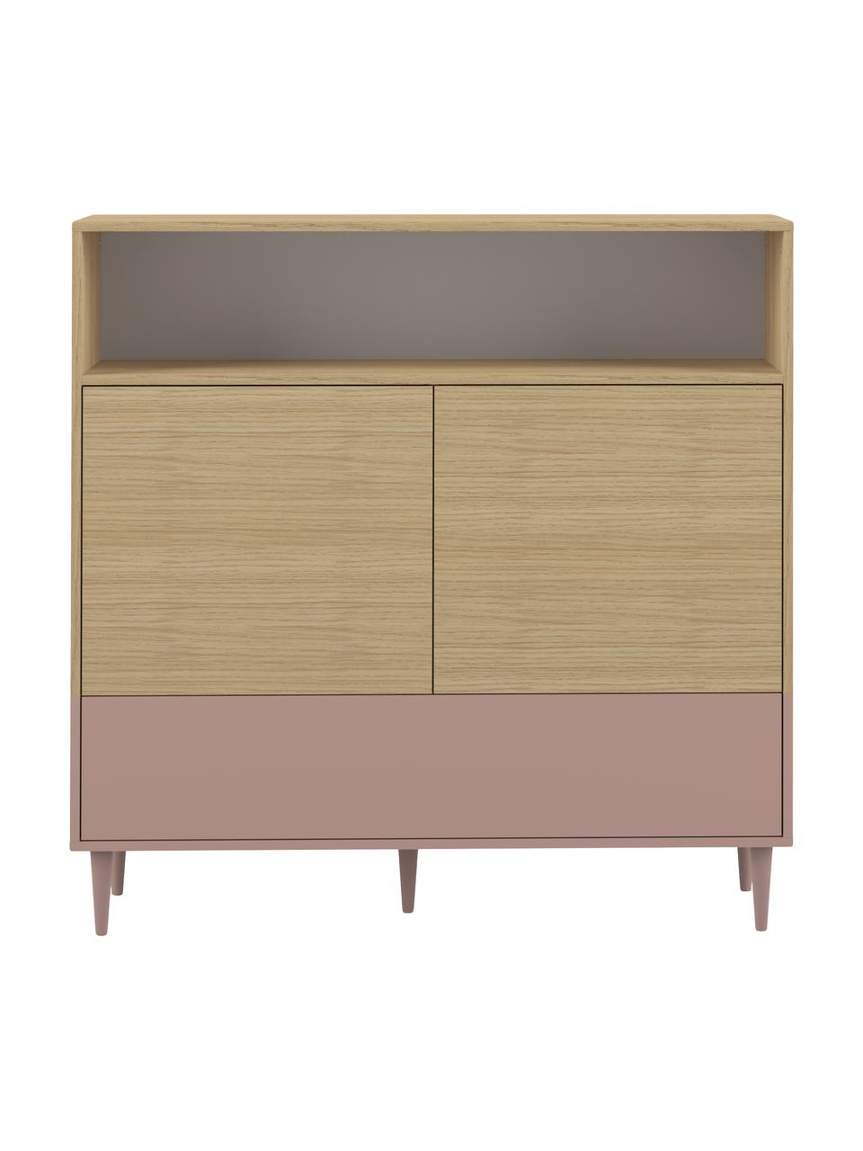 Dressoir Horizon in scandi design, Frame: melamine gecoate spaanpla, Poten: gelakt massief beukenhout, Eikenhoutkleurig, oudroze, 120 x 121 cm