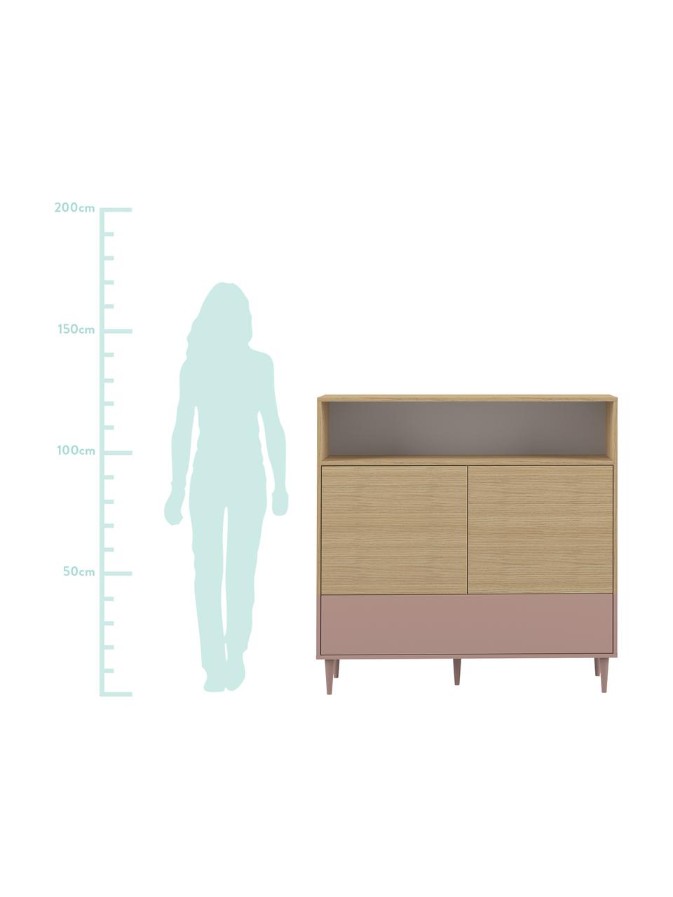 Highboard Horizon im Skandi Design, Korpus: Spanplatte, melaminbeschi, Füße: Buchenholz, massiv, lacki, Eichenholz, Altrosa, 120 x 121 cm