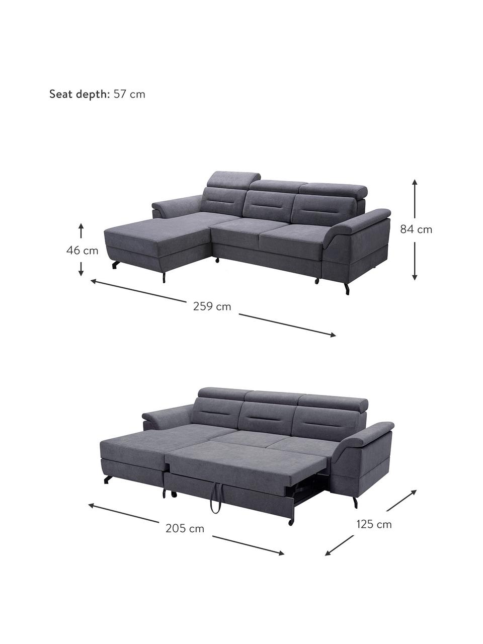 Sofa narożna z funkcją spania i miejscem do przechowywania Missouri, Tapicerka: 100% poliester, Ciemny szary, S 259 x G 164 cm