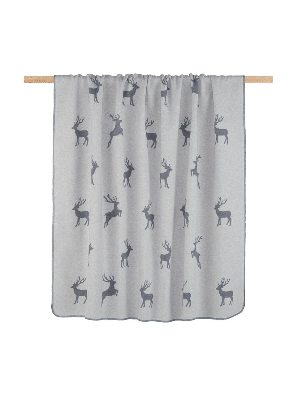 Plaid gris motif cerf Silvretta, 85 % coton, 8 % viscose, 7 % polyacrylique, Gris, larg. 140 x long. 200 cm