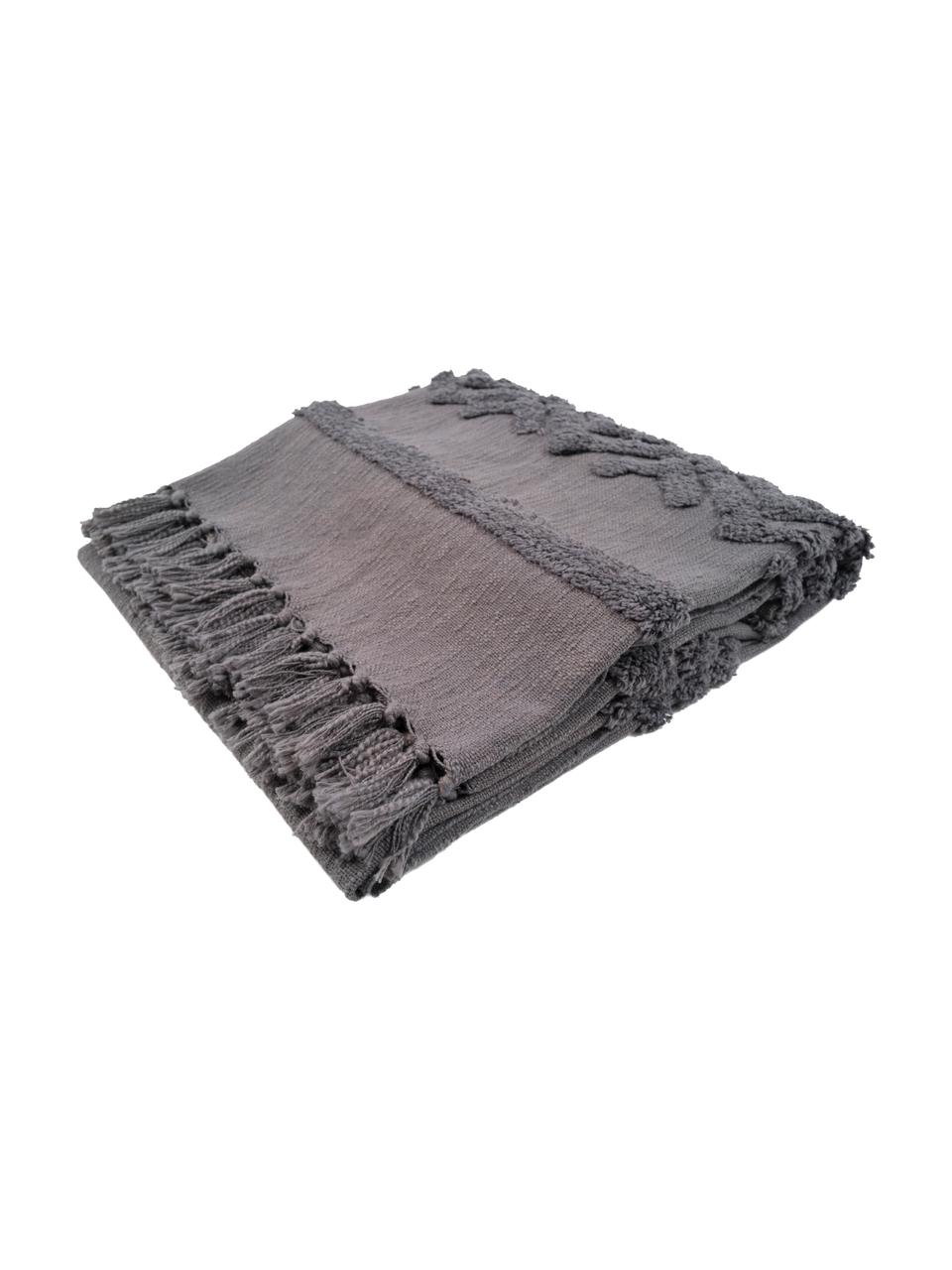 Plaid boho en coton gris à motif Adara, 100 % coton, Gris, larg. 130 x long. 170 cm