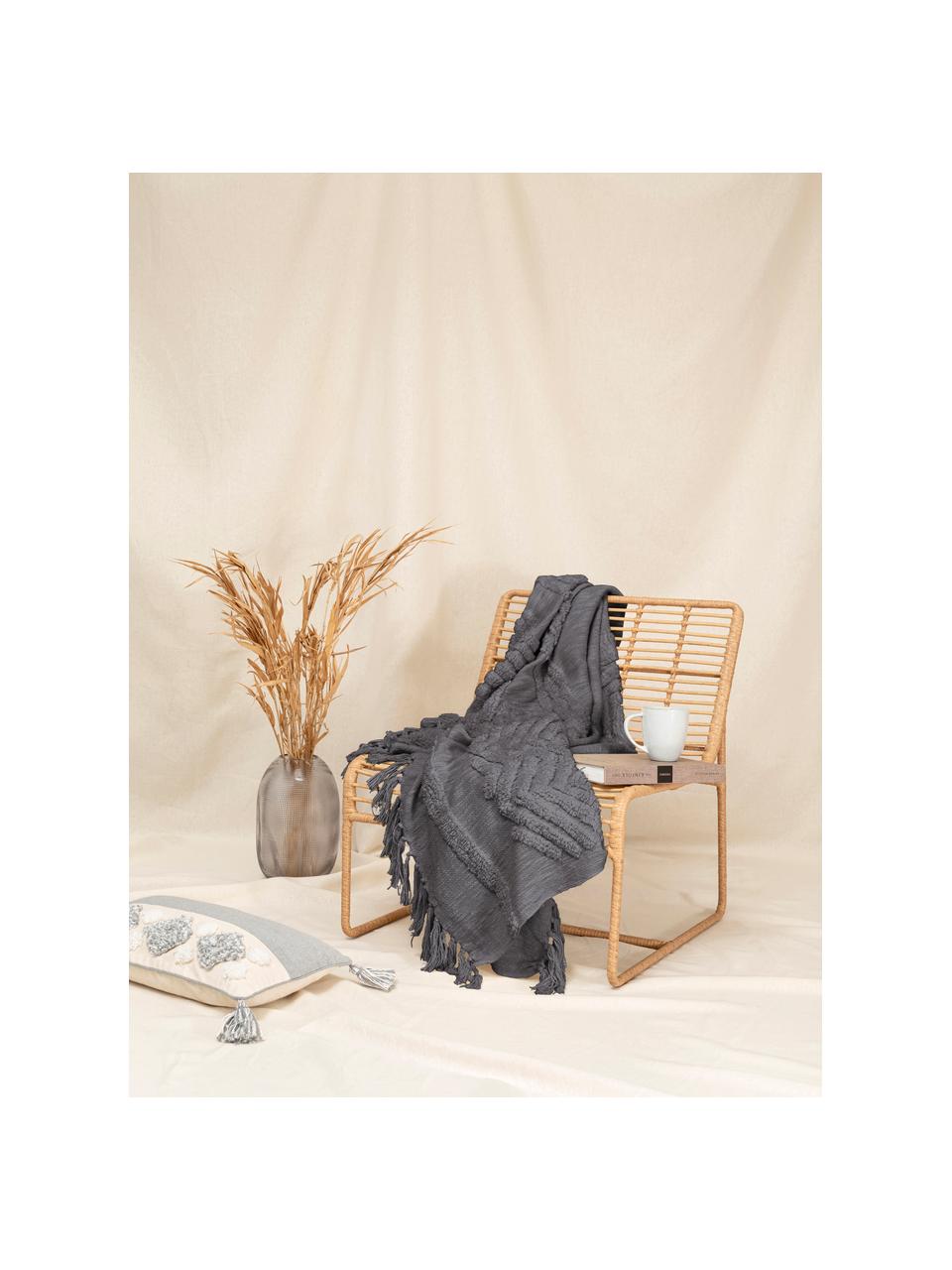 Manta texturizada de algodón Adara, estilo boho, 100% algodón, Gris, An 130 x L 170 cm