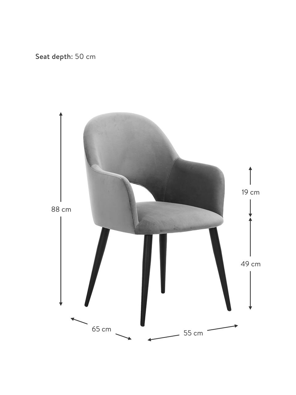 Sedia con braccioli in velluto Rachel, Rivestimento: velluto (rivestimento in , Gambe: metallo verniciato a polv, Velluto grigio, Larg. 55 x Prof. 65 cm