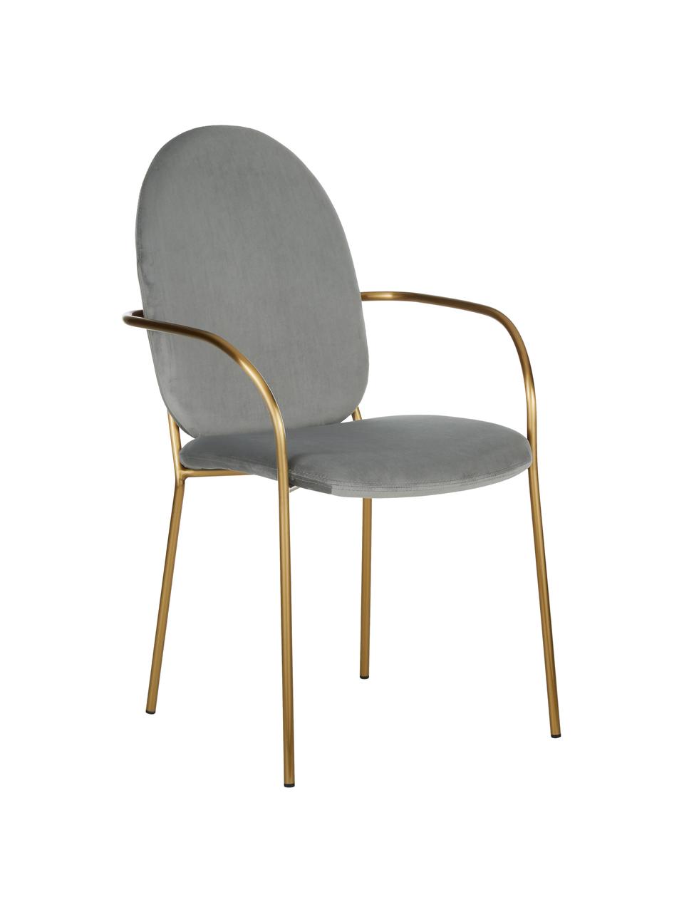 Krzesło z aksamitu z podłokietnikami Mary, Tapicerka: aksamit (poliester) 15 00, Stelaż: metal powlekany, Szary, S 55 x G 64 cm
