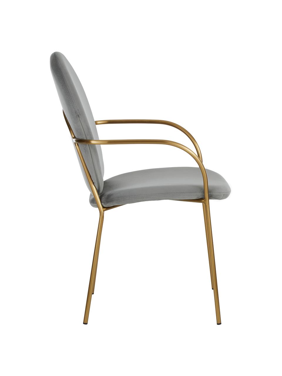 Krzesło z aksamitu z podłokietnikami Mary, Tapicerka: aksamit (poliester) 15 00, Stelaż: metal powlekany, Szary, S 55 x G 64 cm