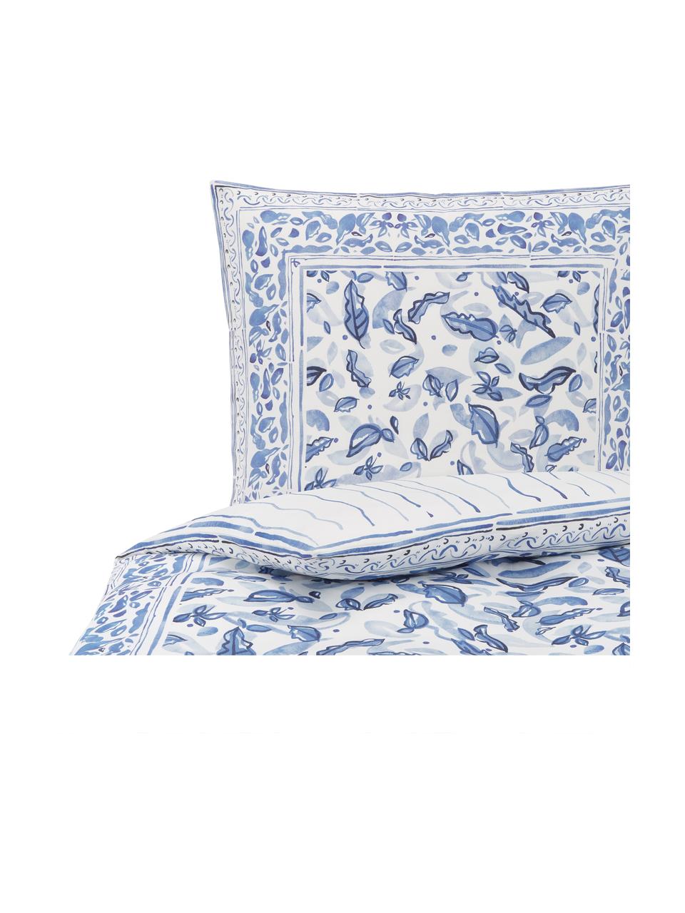 Parure de lit satin de coton bleu blanc, réversible Andrea, 2 pièces, Bleu, larg. 200 x long. 200 cm + 2 housse de coussin 80 x 80 cm