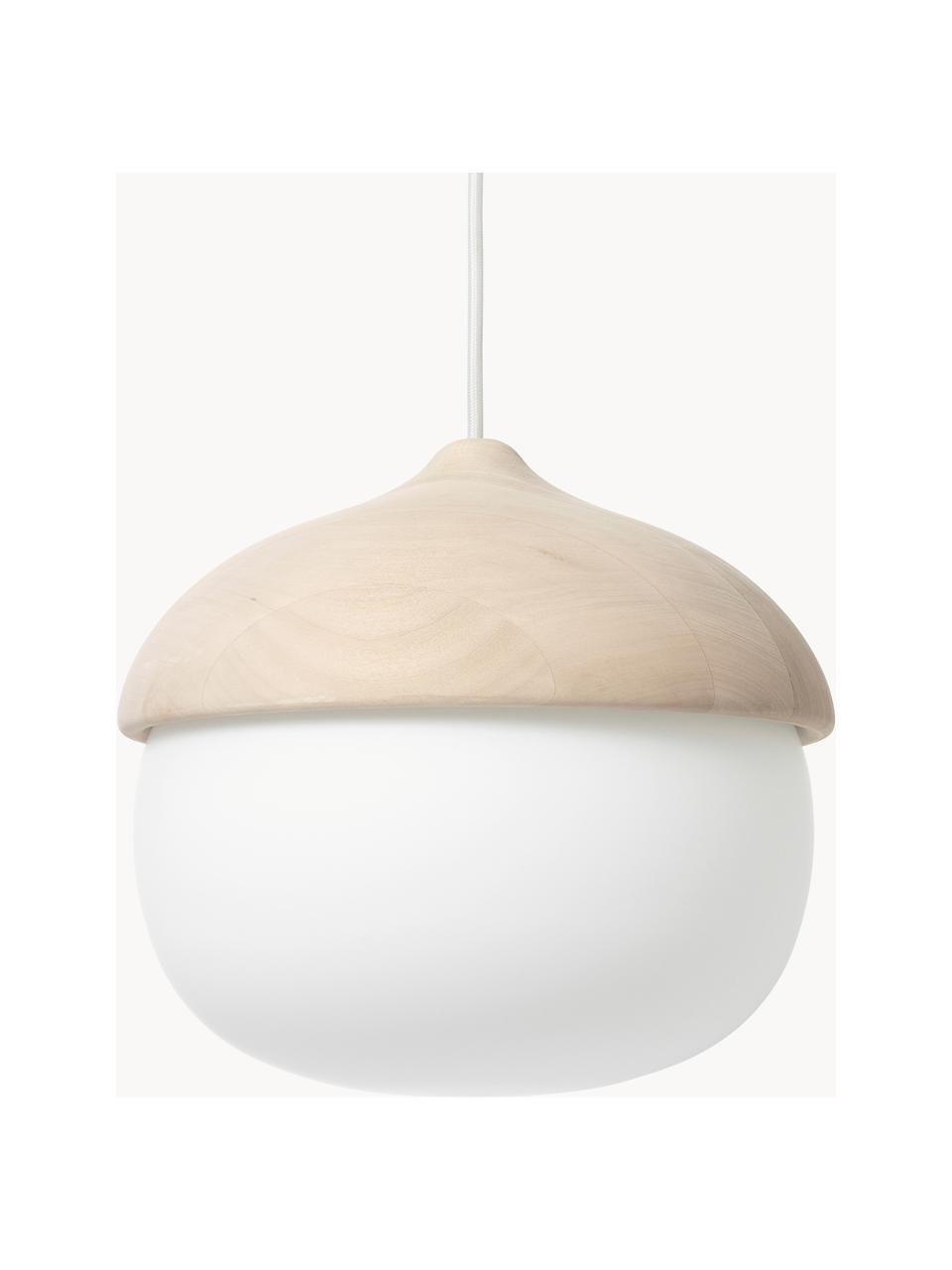 Hanglamp Terho  in de eikelvorm, mondgeblazen, Lindenhout, wit, Ø 31 x H 30 cm
