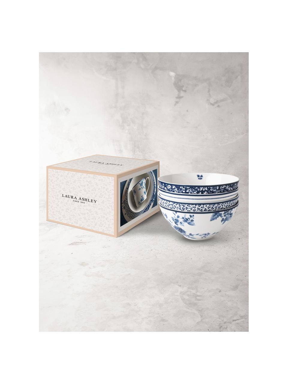 Set 4 ciotole con diverse fantasie Candy Rose, Porcellana Fine Bone China, Bianco, tonalità blu, Ø 16 x Alt. 8 cm, 800 ml