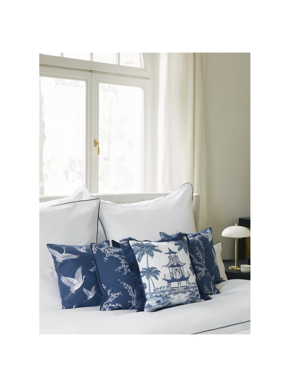 Kussenhoes Gracia  in blauw/wit met kraanvogel motief, 100% katoen, Blauw, B 40 x L 40 cm