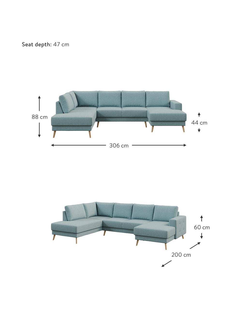 Sofá rinconero grande Fynn, Tapizado: 100% poliéster con tacto , Estructura: madera dura, madera bland, Patas: madera pintada Alta resis, Azul claro, An 306 x F 200 cm