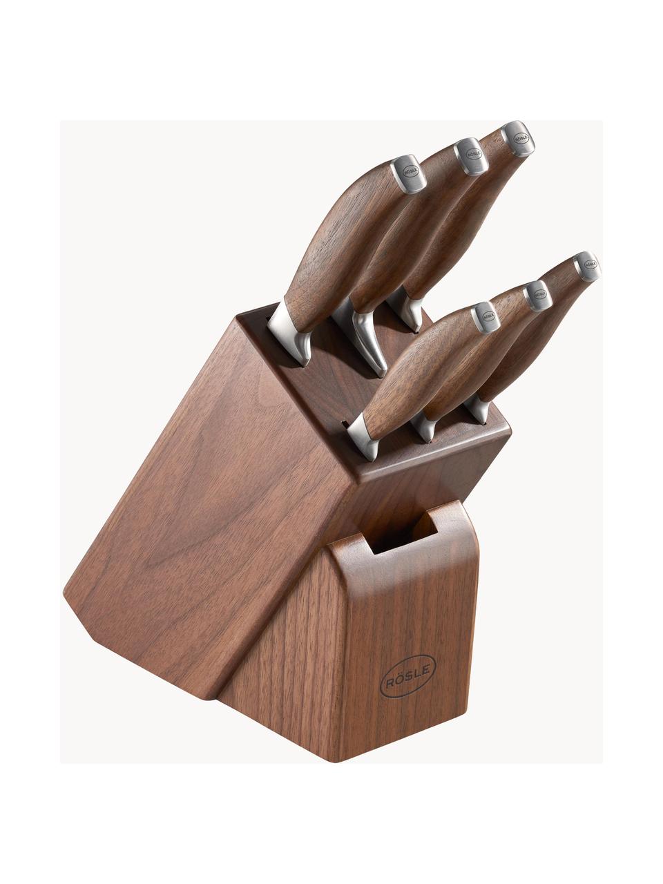 Messerblock Passion mit 6 Messern, Messer: rostfreier Stahl X50CrMOV, Griff: Walnussholz, Silberfarben, Dunkles Holz, Verschiedene Größen