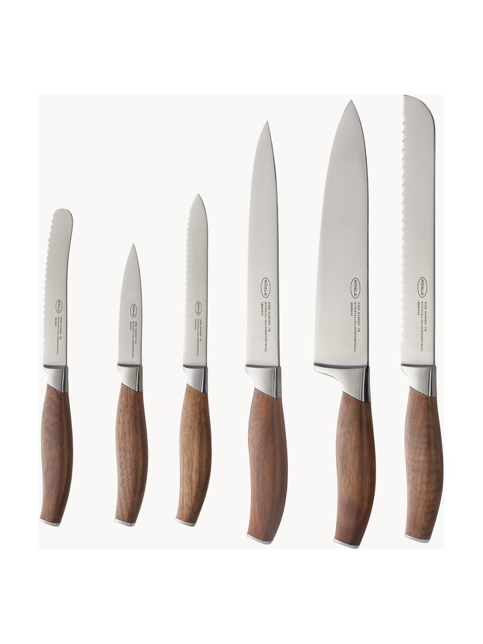 Set coltelli con ceppo per coltelli Passion 6 pz, Coltello: acciaio inox X50CrMOV15, Manico: legno di noce, Argentato, legno scuro, Set in varie misure